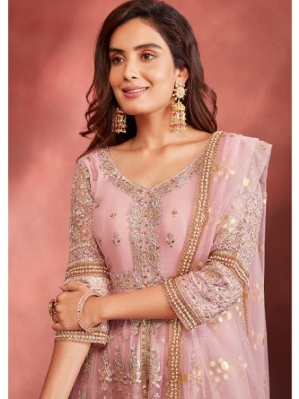 Lashkaraa Embroidered Pastel Pink Long Sleeve Women's Dress with Gold Accents